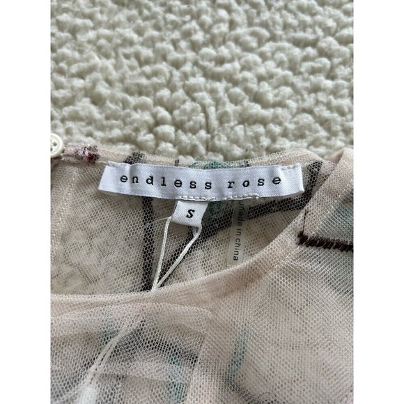 Endless Rose Long Sleeve Round Neck Embroidered Floral Mesh Top Beige/Red Size S - Picture 6 of 13